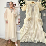 Autumn 2025 New Elegant Solid Dress Round Collared Loose Hair Splicing 100 Folding Long Dress