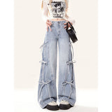Butterfly Tie Jeans Women Autumn New Retro Loose Broad Legs Drag Long Pants Ins