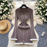 Light Luxury Famous Knitted Dress Woman Autumn Wooden Ear Over The Collar To Slim Beautiful Sister Mid-Long Dress