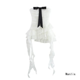 Ins2025 Spring Women's New Ougen Yarn Sue Bow Trim Corset Dress