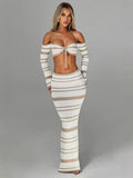 2025 New Hottie Women's Suit Summer Striped Long-Sleeved Hanging Neck Top Skirt Two-Piece Women
