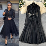 French Retro Elegant Dress Women Winter High Hook Lace Splicing Mesh Yarn Irregular Knee Dress