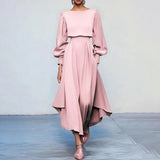 2025 Women's Round Neck Long Sleeves Pure Dress Dress Tight Waist Thin