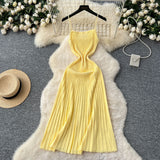 Summer Dress Women 2025 New Gentle Wind Temperament Slings Waists Thin Vertical Knitted Dress Inside The Long Skirt