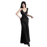 2025 Summer New Women's Style Of French Temperament V Collar Bare Back Leaves Lace Splicing Slinging Dress
