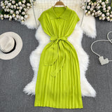 2025 Summer French Retro Temperament Polo Collar Loose Belt A-Word Knitted Dress Casual Dress