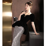 Black Evening Dress Dresses Women's Banquet Light Luxury Small Adult Hosts French Fishtail Temperament Long Evening Dress