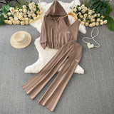 Fashion Three-Piece Women's Winter Casual Zipper Knitted Coat + Embroidered Vest + High-Waisted Wide Leggings