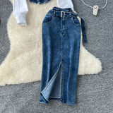 Korean Version Of The Goddess Fan Fashion Splicing Two Long-Sleeved Shirt Women Belt Belts Waist Cowboy Half Dress Two Sets