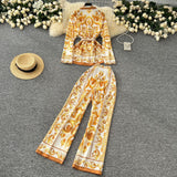 Vintage Fashion Positioning Print Strapping Belt Collar Long Sleeve Top Female High-Waist Broad Leg Straight Trousers Set