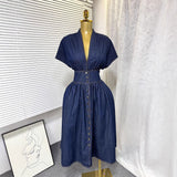 High-End Women's Dress 2025 Summer High-End Deep V-Neck Waist Buckle Body Pressure Folding Casual Denim Dress