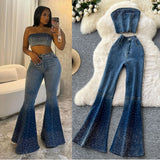 Fashion Hot Diamond Cowboy Suit Women's Summer Sleeveless Chest Vest + High-Waisted Denim Horn Trousers