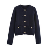 Golden Buckle-Repair Knitted Cardigan 2025 Spring Collar Bag Long-Sleeved Women's Sweater Coat