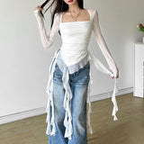 In The Autumn Of 2025, The New Women's Hottie Sexy Square Collar Perspective Repair On The Body Of The Mole Side Irregular T-Shirt