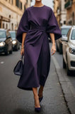 2025 Women's Fashion Temperament Elegant Solid Color Waist Dress Casual Bat Sleeve Dress