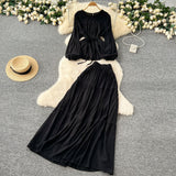 Gentle Wind Age Reduction Suit Women's Spring French Strap To Close Waist Round Collar Long-Sleeved Shirt + High Waist-Hanging Half-Body Skirt