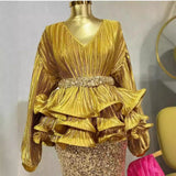 Fashion Suit Female Temperament Lantern Long Sleeve V Collar Lotus Leaf Swing Bright Shirt Female High-Waist Lysic Half Skirt