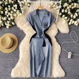 Vintage National Trend Denim Dress Women's New Chinese-Style Retro Embroidery Waist Thin Open Fork Ass Fashion Dress