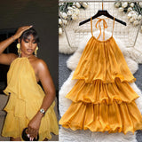 Yellow Dress Women 2025 Summer French Atmosphere With A Sense Of Hanging Neck Sling Lotus Side Splicing Cake Holiday Skirt