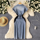Vintage National Trend Denim Dress Women's New Chinese-Style Retro Embroidery Waist Thin Open Fork Ass Fashion Dress