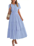 2025 Spring And Summer Women's New Fashion V-Neck Folding Bubble Sleeve Layer - Big Swing Dress Woman
