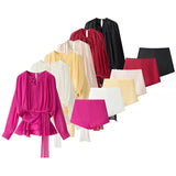 Pressed Folding Ribbon Design Loose Waist Mini Dress Shorts Set 2025 Spring And Summer Street Fashion Woman