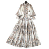 Holiday Style Dress Women's Spring Court Collar Lantern Sleeves To Close The Waist Single Buckle Printing Folded Long Skirt