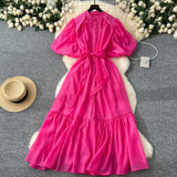 Oceanish Lantern Sleeve Strap With Waist Single Buckle Dress + Inside The Sling Dress Suit