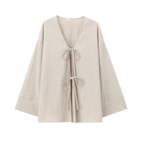 Pajamas Wind Casual Set 2025 Summer Long Sleeve V-Neck Bow Tie With Loose-Fitting Shirt Broad Leggings