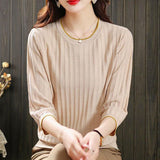 V-Neck Seven-Sleeved T-Shirt Women's Mid-Sleeve Top Ice Knitted Shirt Thin Mother Spring T-Shirt Elegant